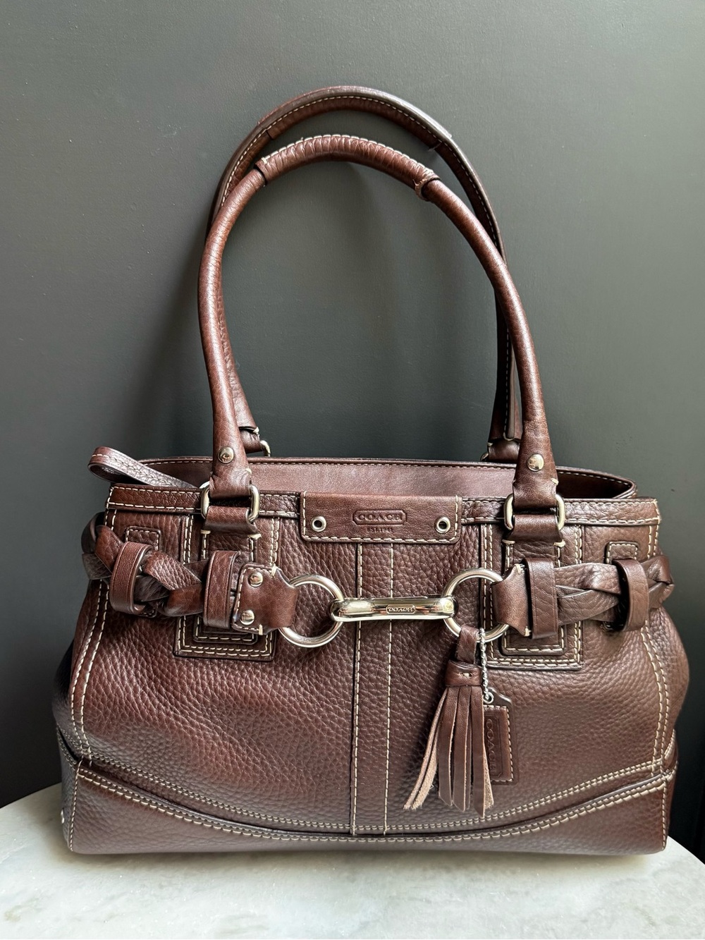 Coach Hamptons Leather Carryall Satchel w/Braided Belt Detail F13084